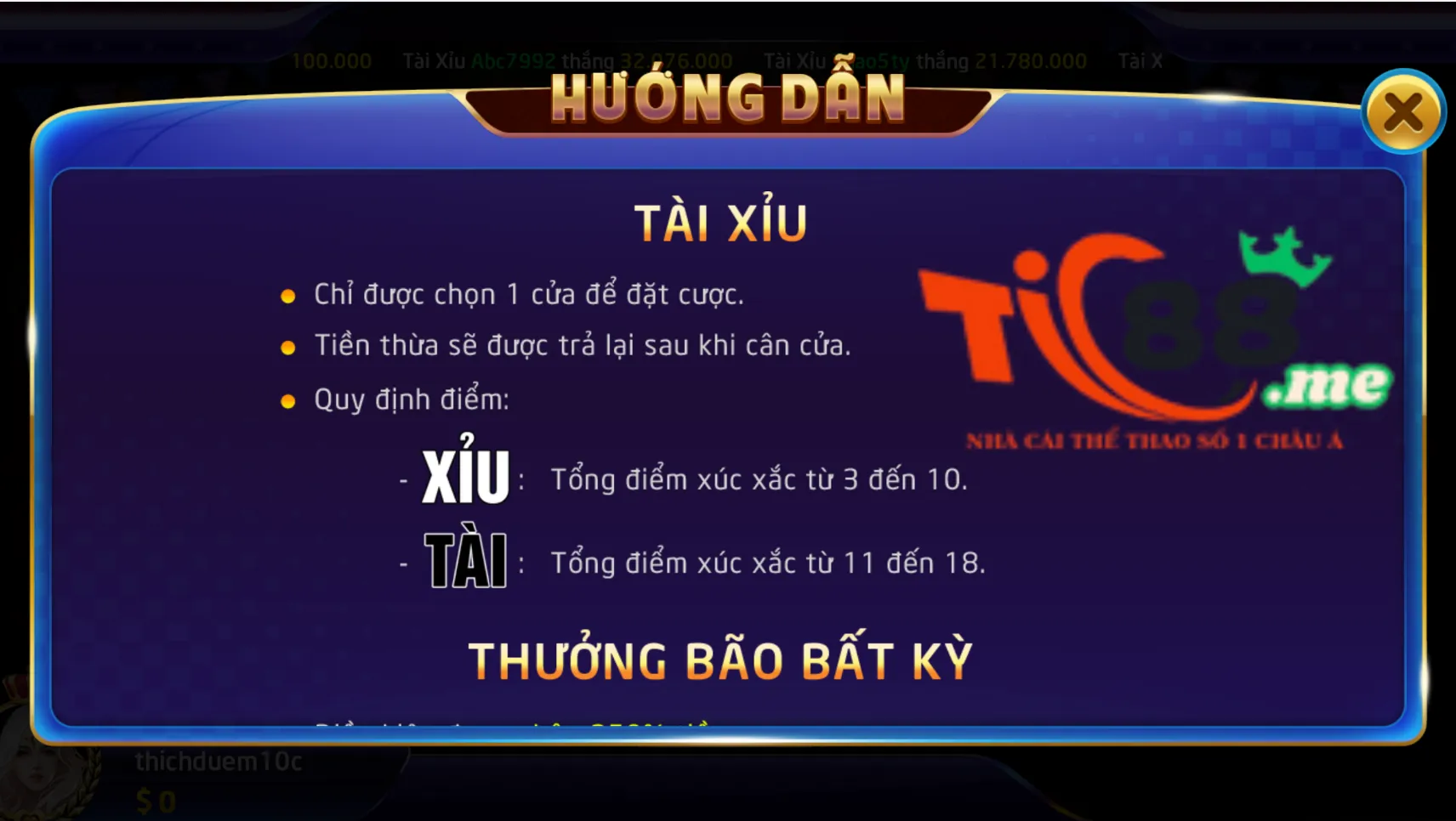 Luật chơi tài xỉu Tic88 chi tiết